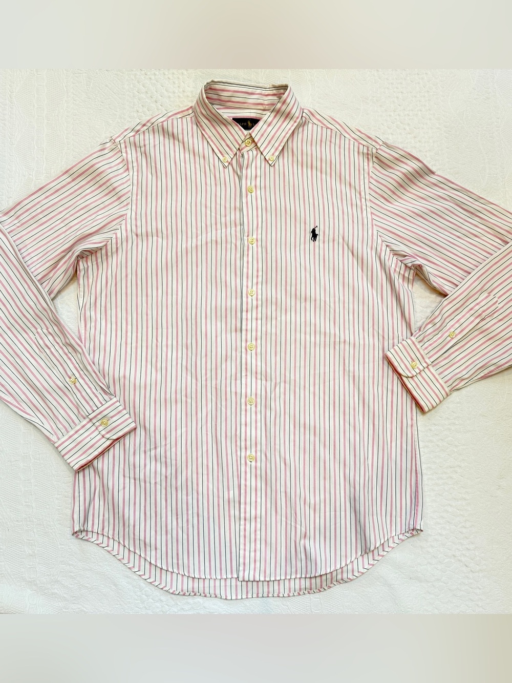 Polo Ralph Lauren Button Down Collared Oxford Shirt Pink Striped Mens Medium M